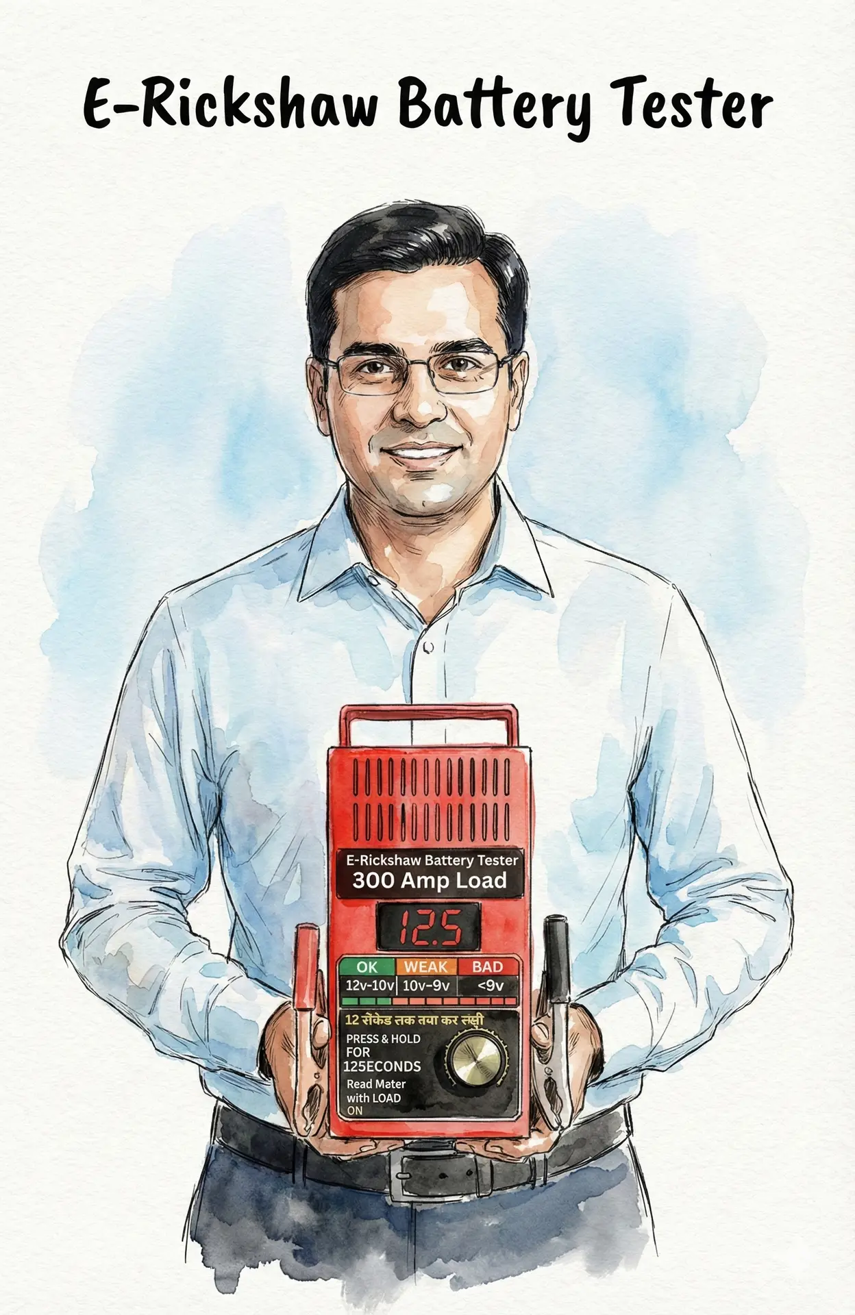 300 amp e-rickshaw battery load tester for 100Ah–200Ah lead-acid batteries, SAMCO heavy-load diagnostic tester with heat-safe grill.