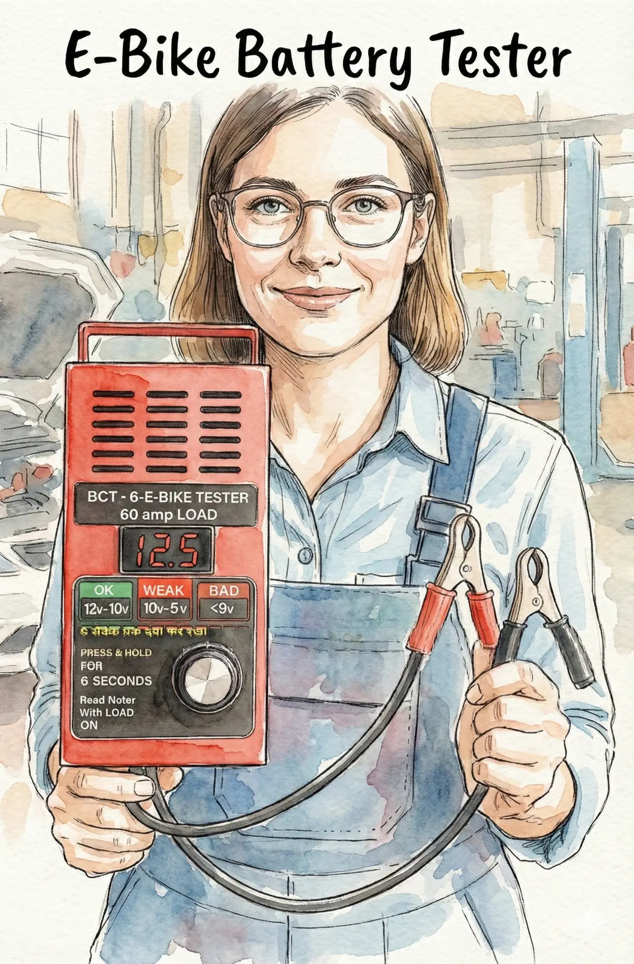 60 amp eBike battery load tester BCT-6 by SAMCO Battery, heavy-duty clamps, digital test tool for 12V 12Ah–30Ah two-wheeler batteries.