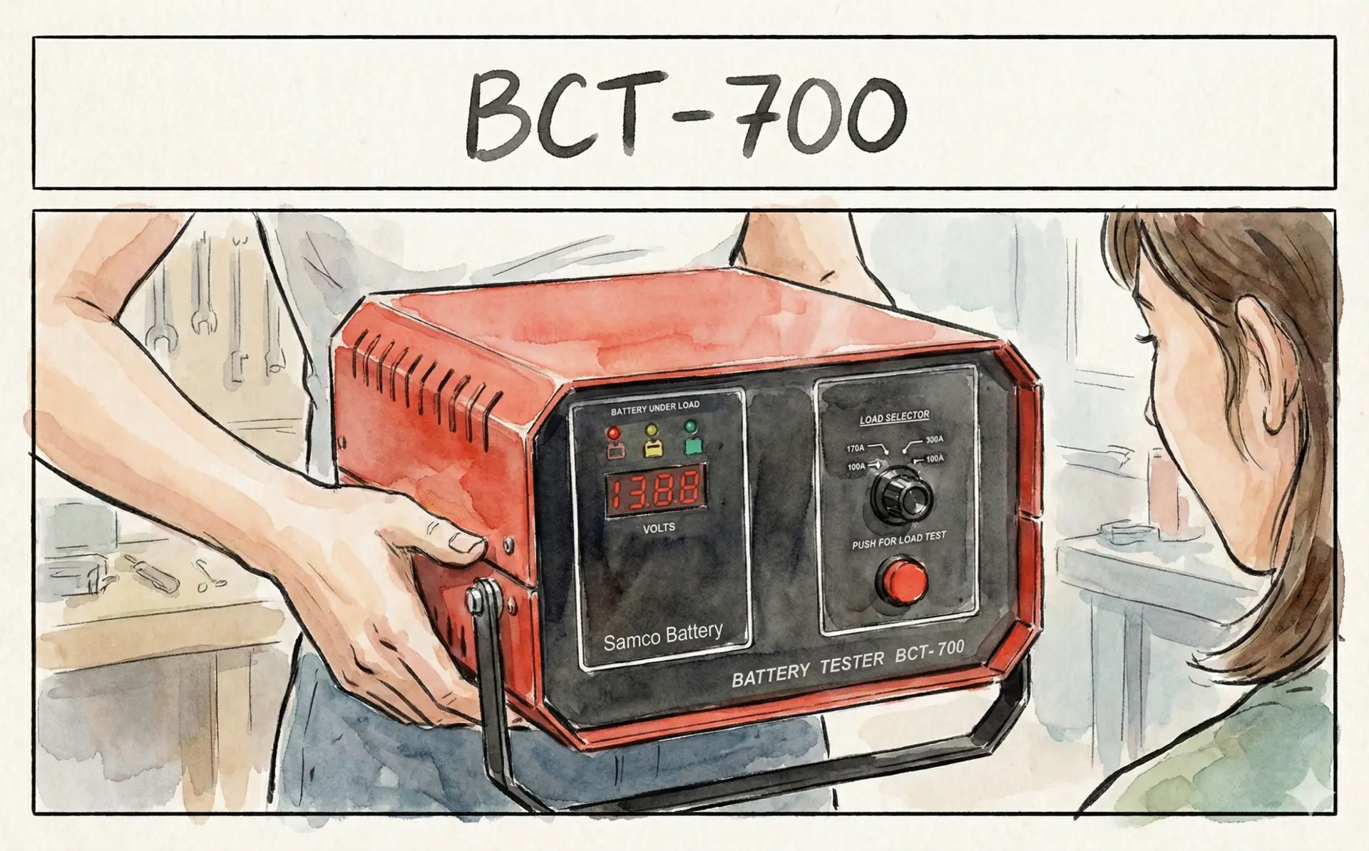 SAMCO BCT-700 heavy-duty battery load tester with 7 resistance levels for cars, tractors, SUVs and commercial 12V lead-acid batteries.