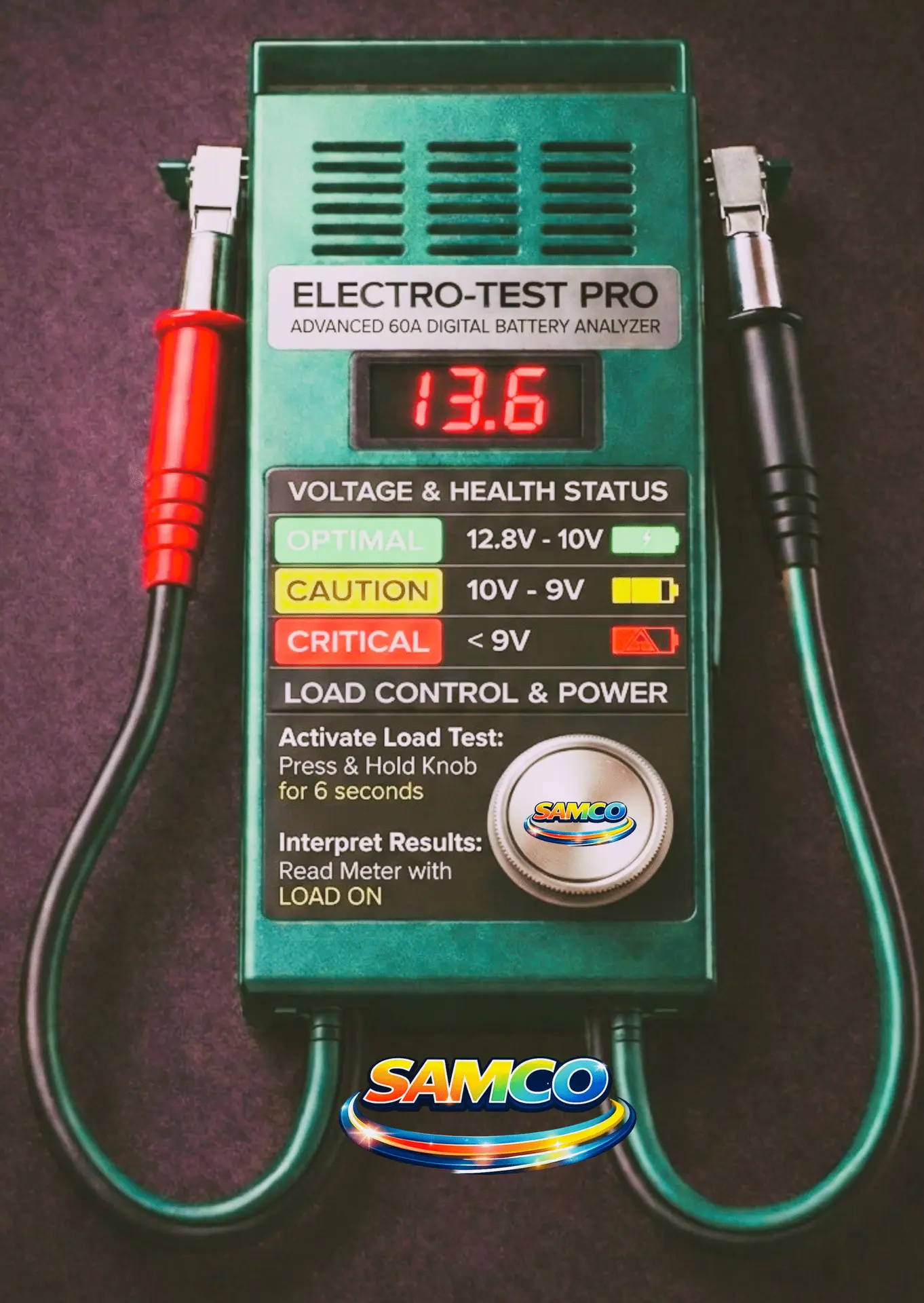 electric bike battery tester device measuring 13.6 volts with load testing function and health status indicators