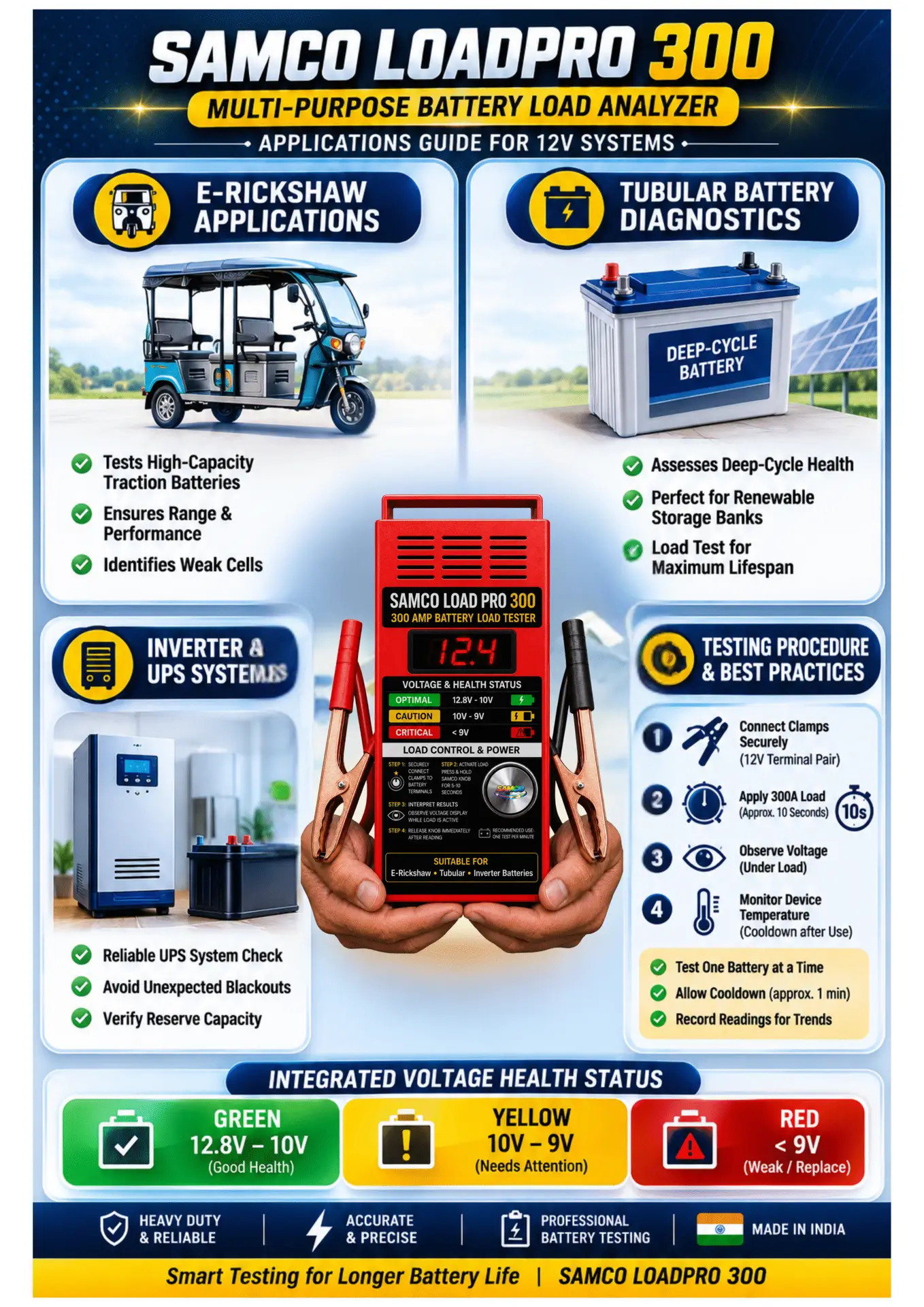 SAMCO LoadPro 300 (ERLT-300) infographic — 300A load testing for e-rickshaw traction, tubular deep-cycle, and inverter/UPS batteries, with voltage health status and testing steps.