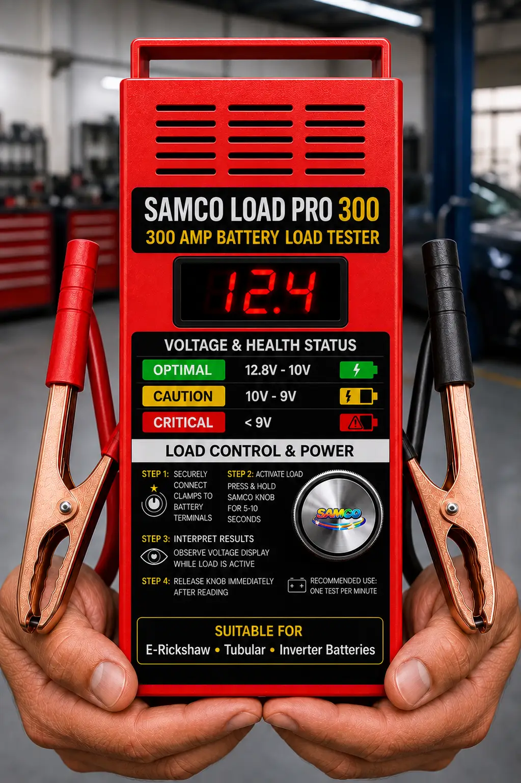 SAMCO LoadPro 300 (ERLT-300) 300A e-rickshaw battery load tester with heavy-duty copper clamps for 12V lead-acid batteries