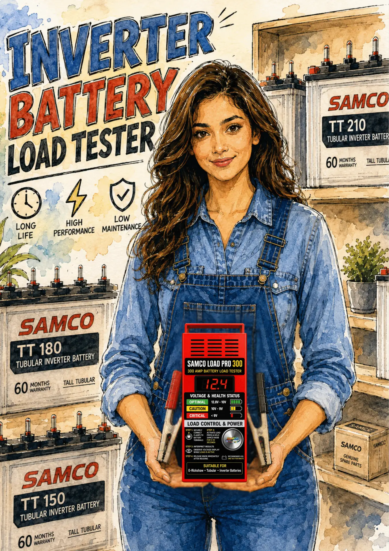 SAMCO LOAD PRO 300 inverter battery load tester with clamps, tested on tubular inverter batteries in India
